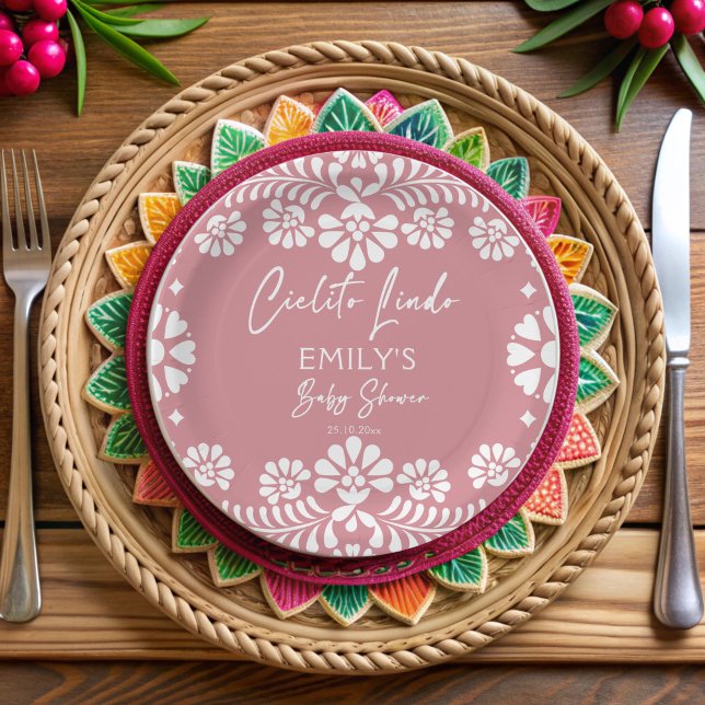 Cielito lindo dusty pink Mexican baby shower Paper Plates (Cielito lindo dusty pink Mexican fiesta papel picado baby shower personalized Paper Plates)