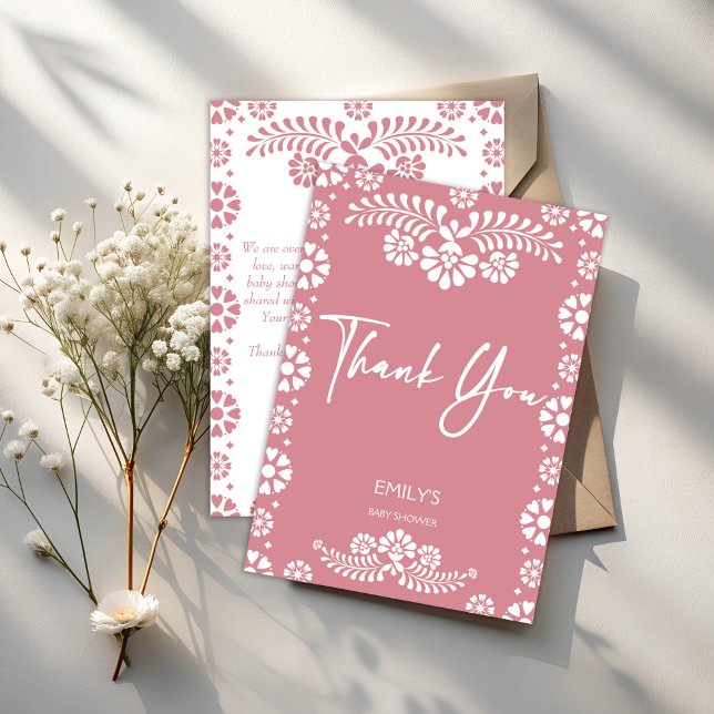 Cielito lindo dusty pink Mexican baby shower Thank You Card (Cielito lindo dusty pink Mexican fiesta papel picado baby shower Thank You Cards)