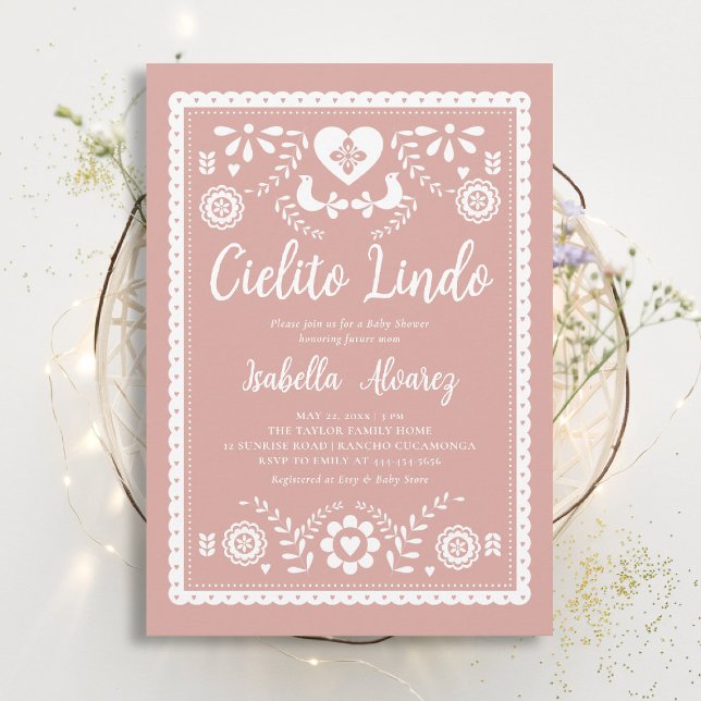 Cielito Lindo Mexican Picado Pink Baby Shower Invitation (cielito lindo baby shower invitation mexican papel picado heart pink rancho fiesta elegant classy)
