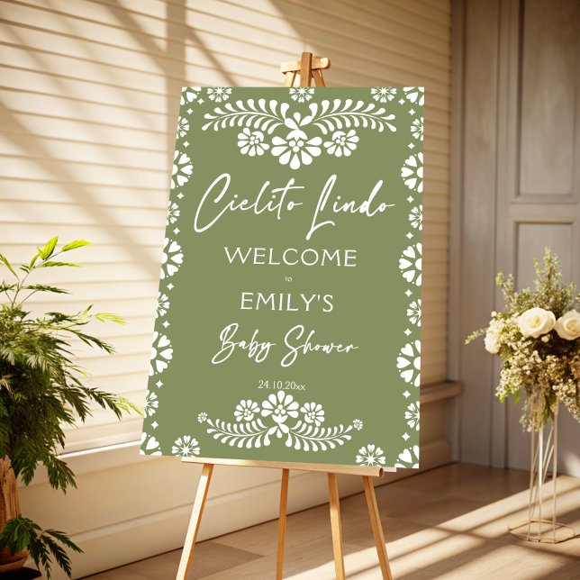 Cielito lindo sage green baby shower welcome sign (Cielito lindo sage green Mexican baby shower personalized welcome sign board)