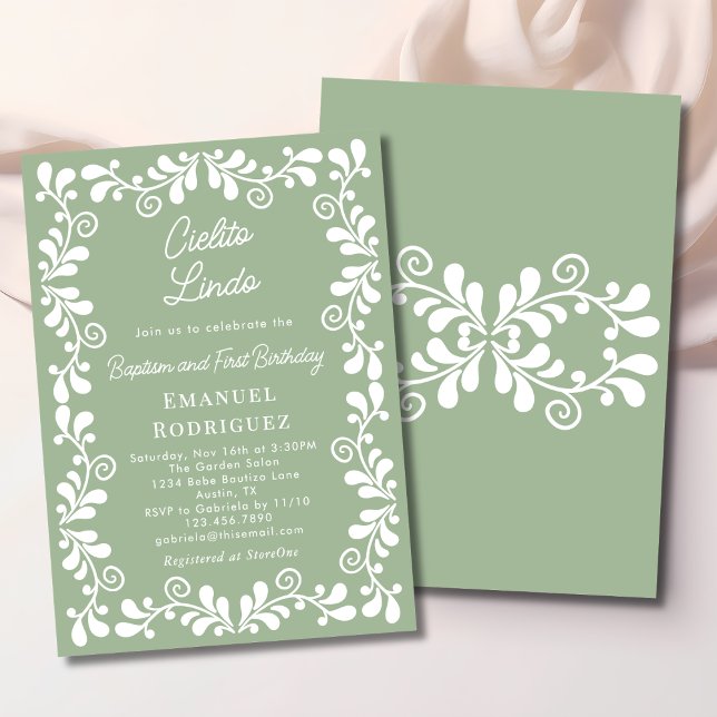 Cielito Lindo Sage Green Baptism & First Birthday Invitation (Creator Uploaded)