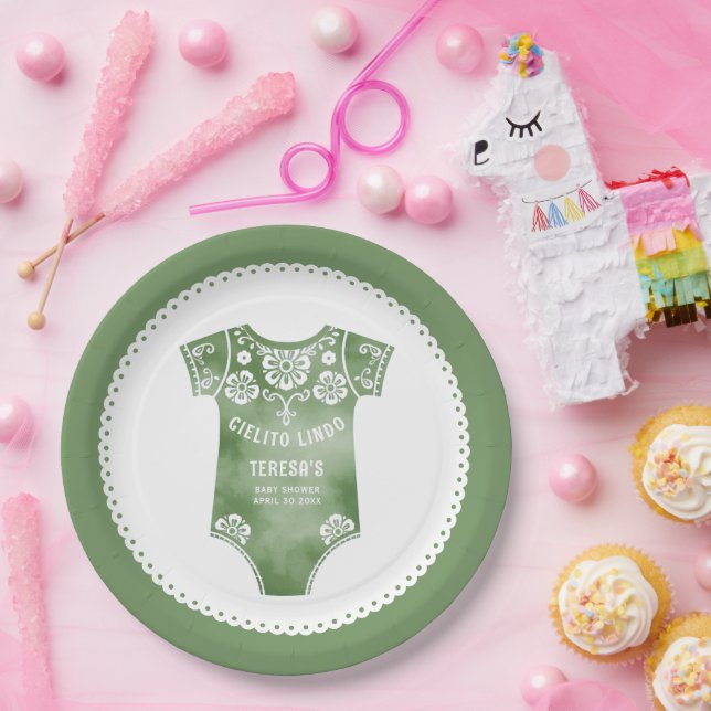 Cielito Lindo sage green bodysuit baby shower Paper Plates (Party)