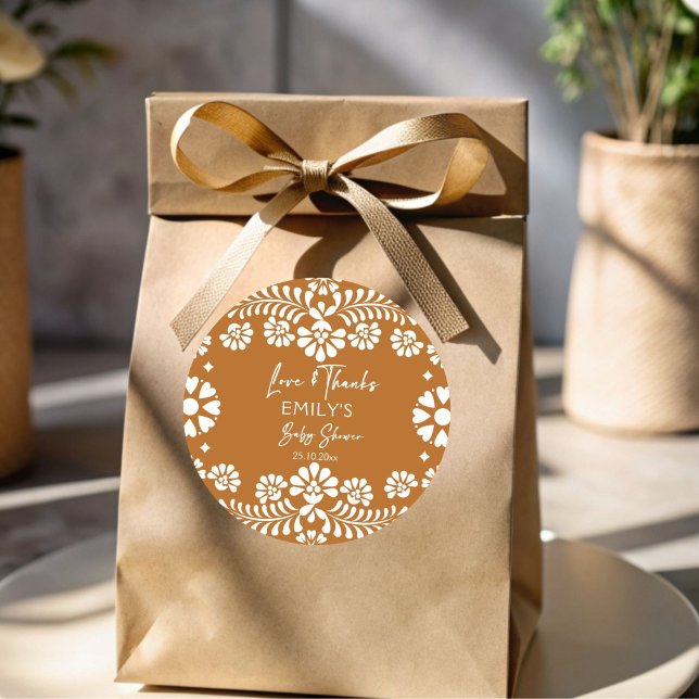 Cielito lindo terracotta Mexican baby shower Classic Round Sticker (Cielito lindo terracotta Mexican  fiesta papel picado baby shower favors thank you favor Sticker)