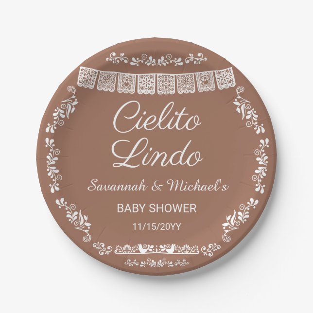 Cielito Lindo Terracotta Papel Picado Baby Shower Paper Plates (Front)