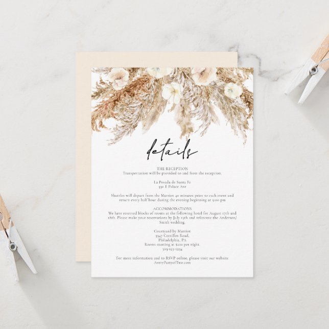 CIERA Bohemian Pampas Grass Wedding Details Card (Front/Back In Situ)