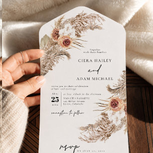 CIERA Bohemian Terracotta Pampas Grass Wedding All In One Invitation