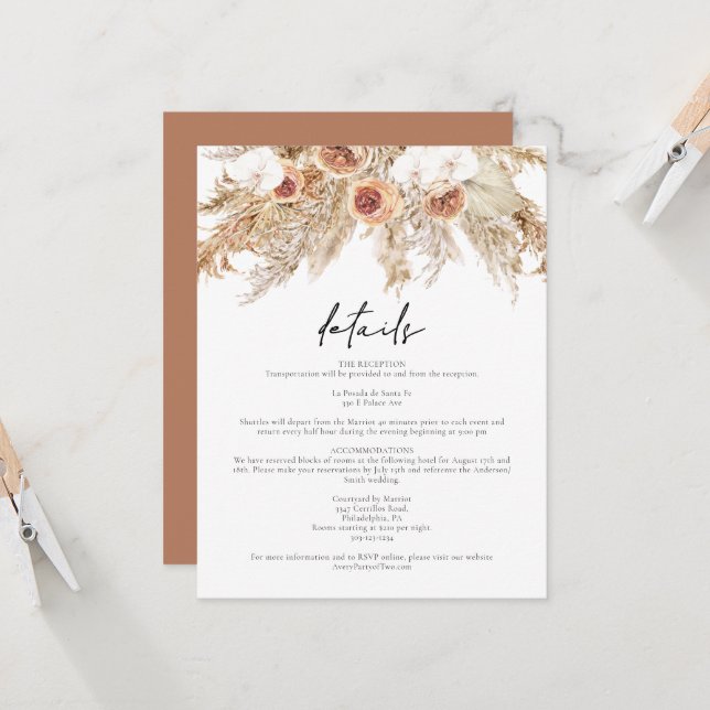 CIERA Boho Terracotta Floral Pampas Details Card (Front/Back In Situ)