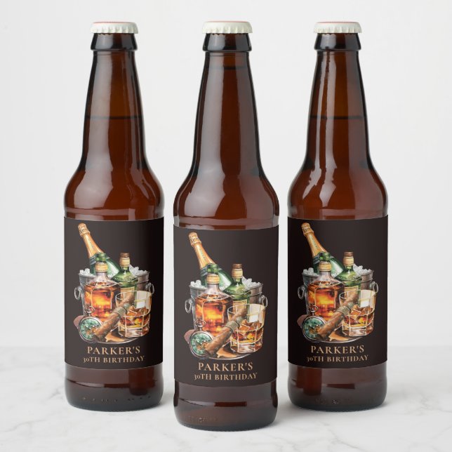Cigar and Whisky Men's Birthday Any Age Beer Bottle Label (Bottles)