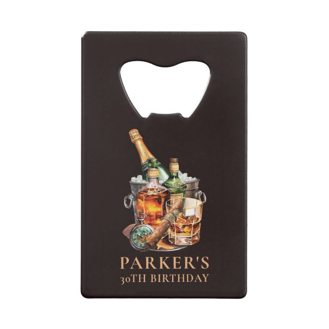 Cigar and Whisky Men's Birthday Favor Credit Card Bottle Opener (Front)