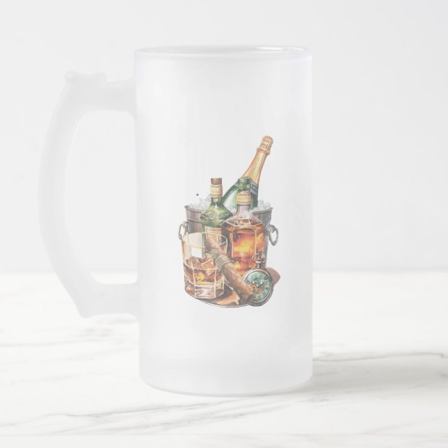 Cigar and Whisky Men's Birthday Frosted Glass Beer Mug (Left)