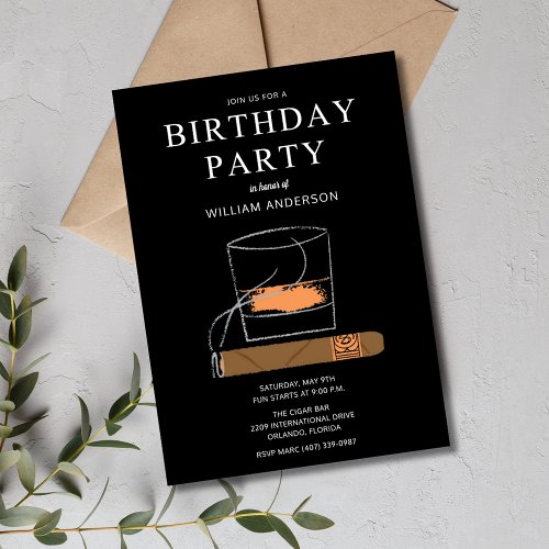 Cigar and Whisky Mens Birthday Party Invitation
