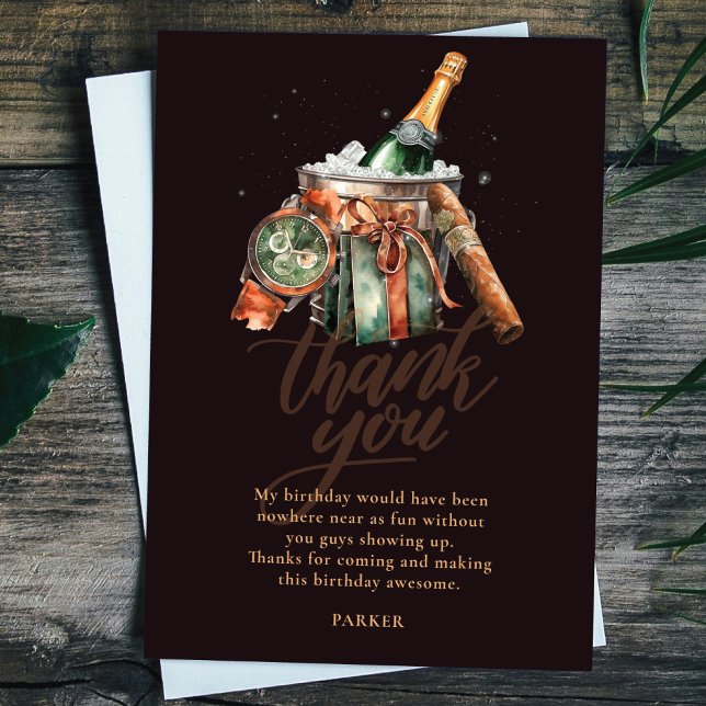 Cigar and Whisky Men's Birthday Personalized Thank You Card (Creator Uploaded)