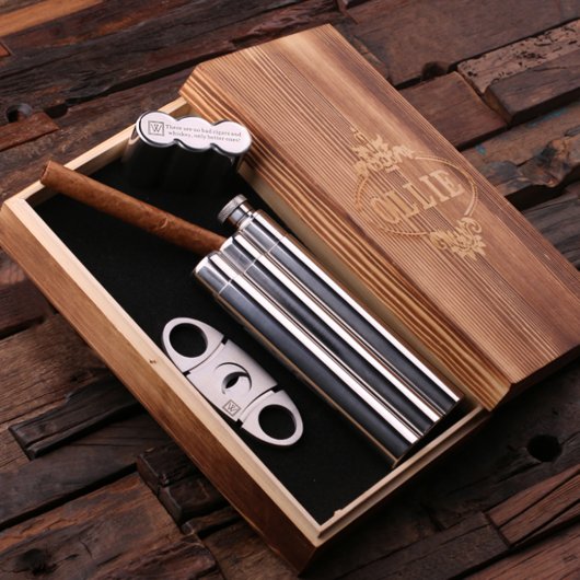 Cigar Case and Gift Box with Cutters and Hip Flask (Inside)