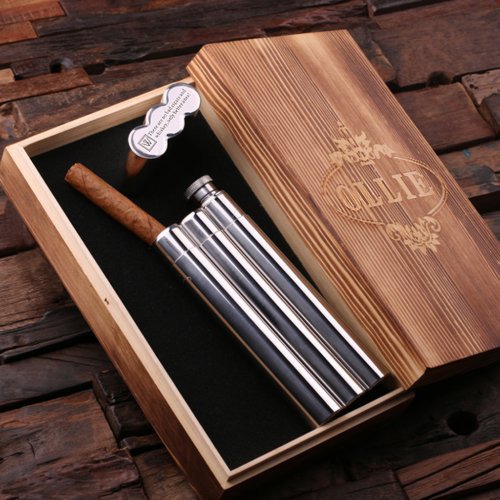 Cigar Case and Gift Box with Whiskey Hip Flask