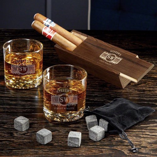 Cigar Set w Case Tasting Stones  Rocks Glasses