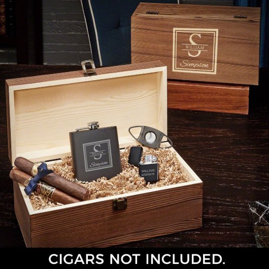 Cigar Set w/ Flip-Top Lighter, Cutter, and Flask (Open)