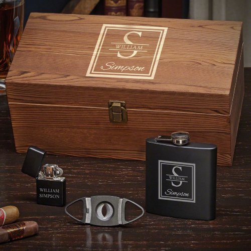Cigar Set w Flip_Top Lighter Cutter and Flask