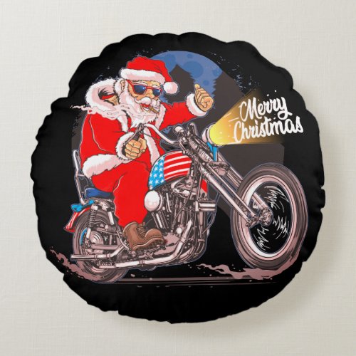 Cigar Smoking Biker Motorcycle Santa Christmas Round Pillow
