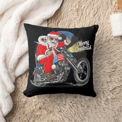 Cigar Smoking Biker Motorcycle Santa Christmas Throw Pillow