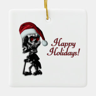Cigar Smoking Christmas Skeleton Happy Holidays Ceramic Ornament