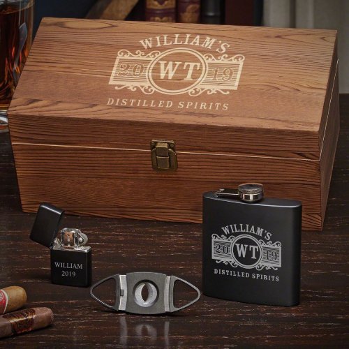 Cigar Tool Box Set with Marquee Engraved Hip Flask