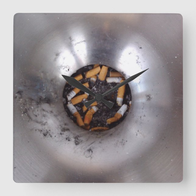 Cigaret Butts in Silver Smokers Ashtray, Funny Square Wall Clock (Front)