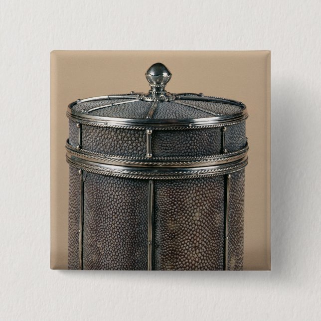 Cigarette box with shagreen sides, 1928 pinback button (Front)