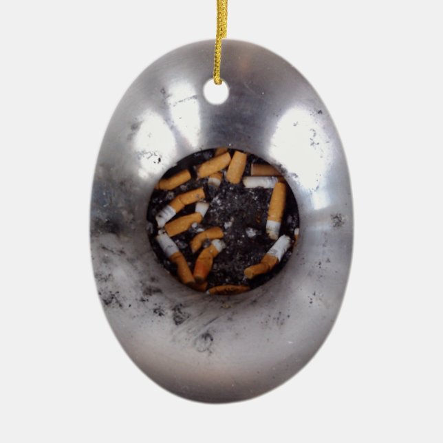 Cigarette Butts in Silver Smokers Ashtray, Funny Ceramic Ornament (Front)