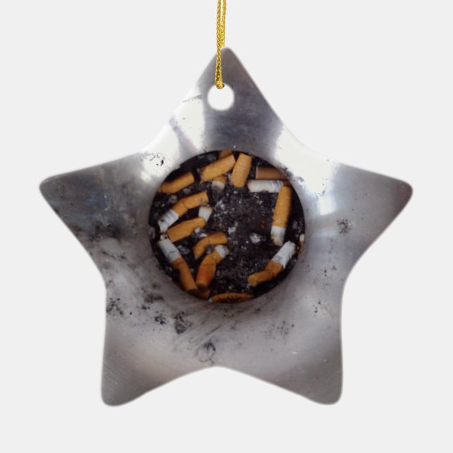 Cigarette Butts in Silver Smokers Ashtray, Funny Ceramic Ornament (Front)