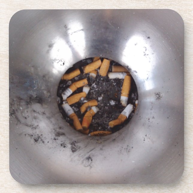 Cigarette Butts in Silver Smokers Ashtray, Funny Drink Coaster (Front)
