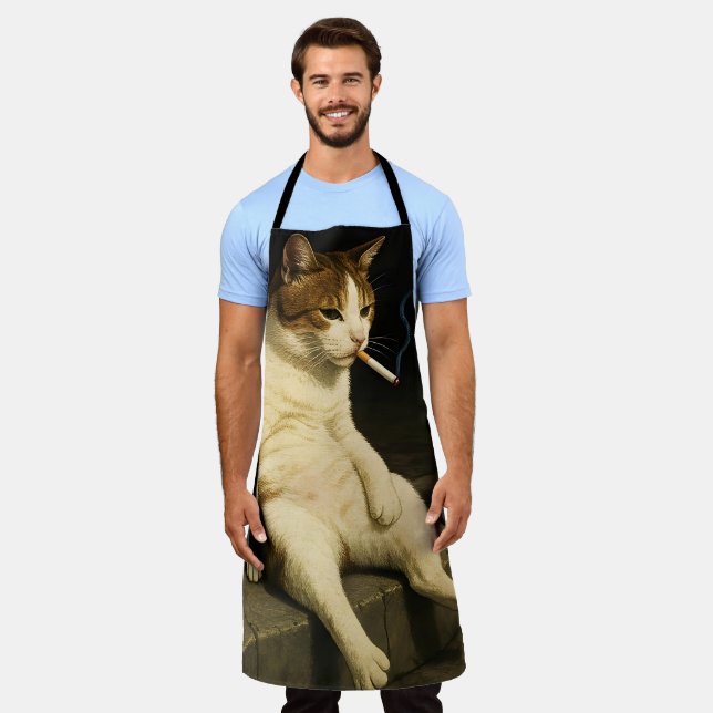 Cigarette Kitten Funny Smoking Cat Gen Z Meme Apron (Worn)