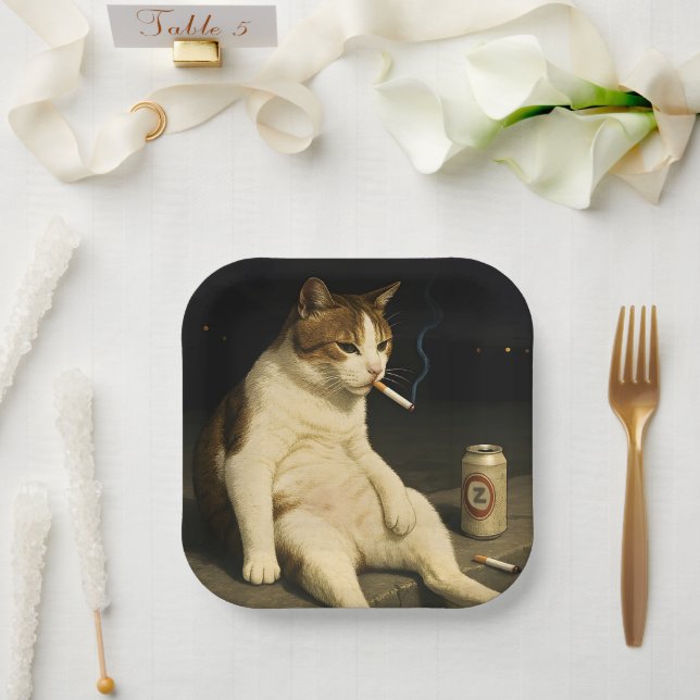 Cigarette Kitten Funny Smoking Cat Gen Z Meme Paper Plates (Wedding)