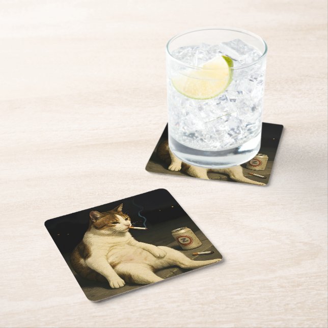 Cigarette Kitten Funny Smoking Cat Gen Z Meme Square Paper Coaster (Insitu)