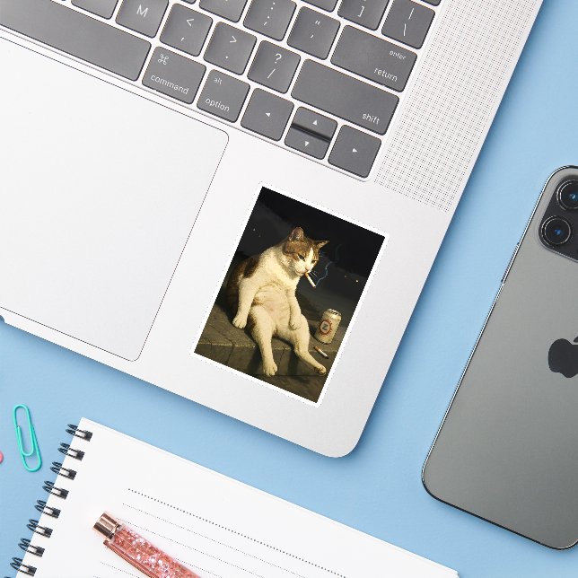 Cigarette Kitten Funny Smoking Cat Gen Z Meme Sticker (Laptop w/ iPhone)