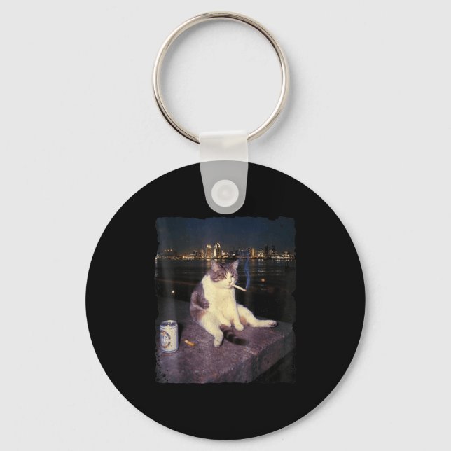 Cigarette Kitten Funny Smoking Cat Meme Stud Brain Keychain (Front)