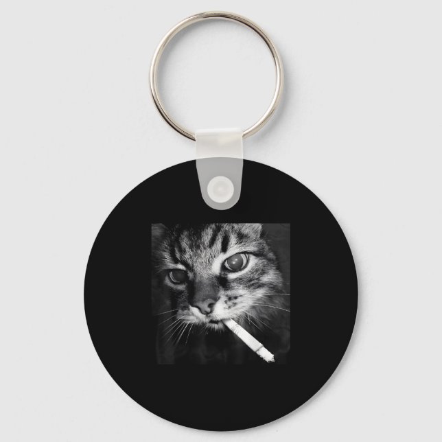 Cigarette Kitten Funny Smoking Cat Meme Stud Brain Keychain (Front)