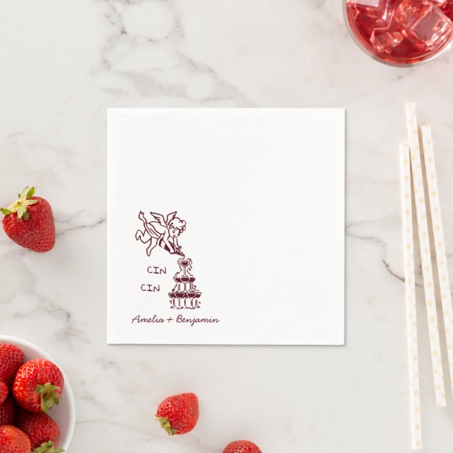 Cin Cin Cherub Hand Drawn Cupid wedding Napkins (Insitu)