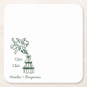 Cin Cin Cherub Hand Drawn Cupid wedding Square Paper Coaster