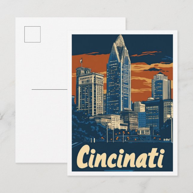 Cincinati Ohio USA Art Vintage Travel Illustration Postcard (Front/Back)