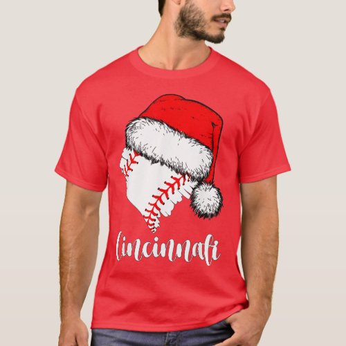 Cincinnati Baseball Heart Santa Hat Merry Xmas T_Shirt