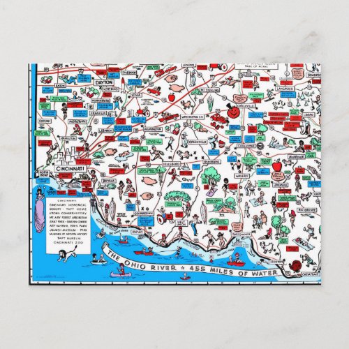 Cincinnati Dayton Hamilton Circleville retro map Postcard