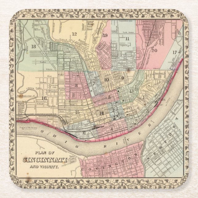 Cincinnati Map by Mitchell Square Paper Coaster (Front)