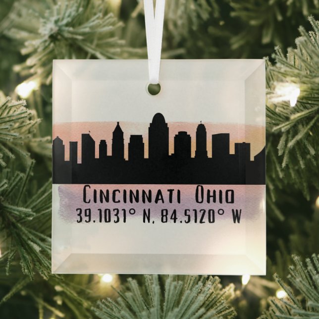 Cincinnati OH City Skyline Glass Ornament (Insitu)