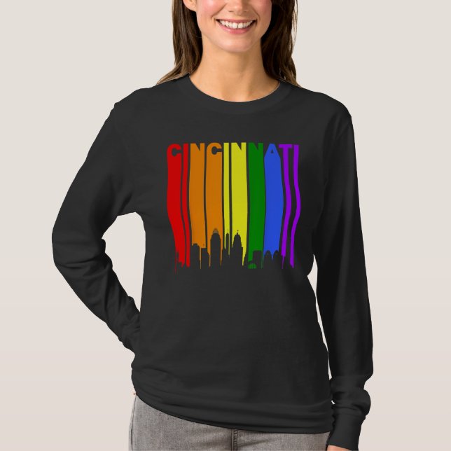 Cincinnati Ohio LGBTQ Gay Pride Rainbow Skyline T-Shirt (Front)