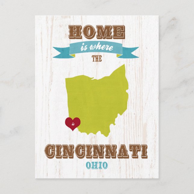 Cincinnati, Ohio Map – Home Is Where The Heart Is Postcard (Front)