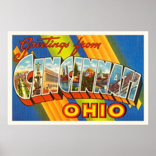 Cincinnati Ohio OH Old Vintage Travel Souvenir Poster