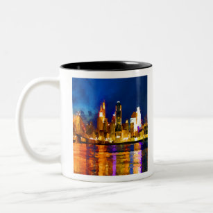Cincinnati Ohio Skyline at Night Two-Tone Coffee Mug