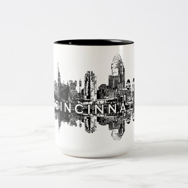 Cincinnati, Ohio skyline in black Two-Tone Coffee Mug (Center)