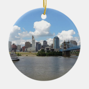 Cincinnati, Ohio skyline with the Ohio River Ceramic Ornament