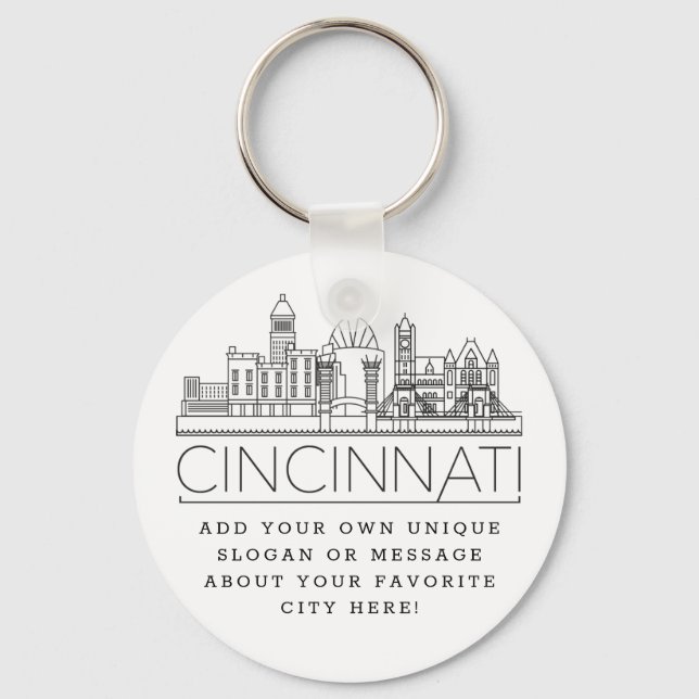 Cincinnati, Ohio Stylized Skyline | Custom Slogan Keychain (Front)